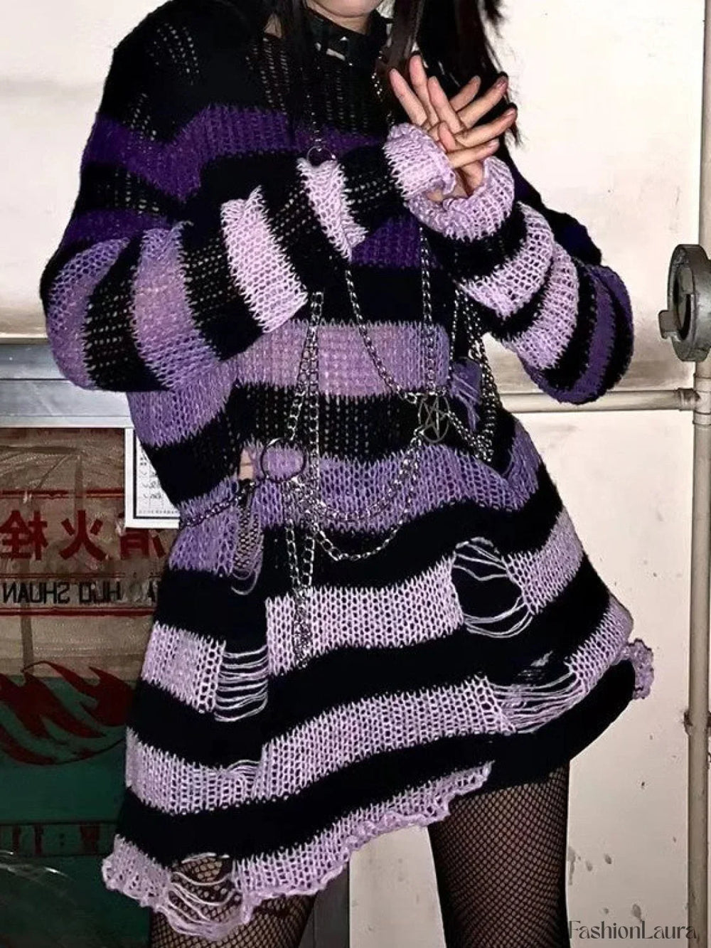 Gradient Striped Distressed Long Sleeve Mini Dress Mini Dresses