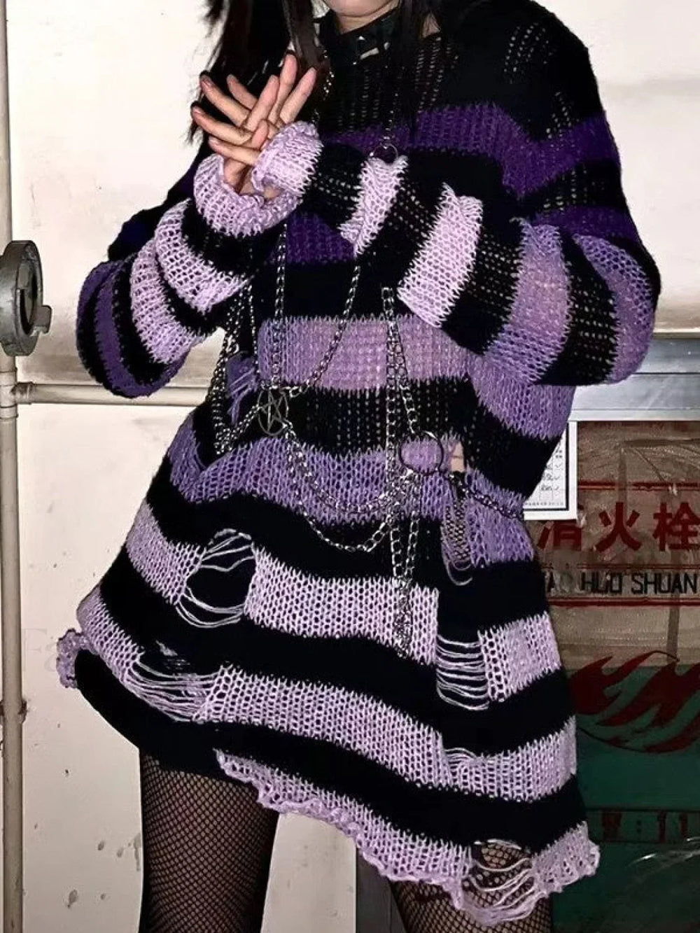 Gradient Striped Distressed Long Sleeve Mini Dress Purple / ONE SIZE Mini Dresses