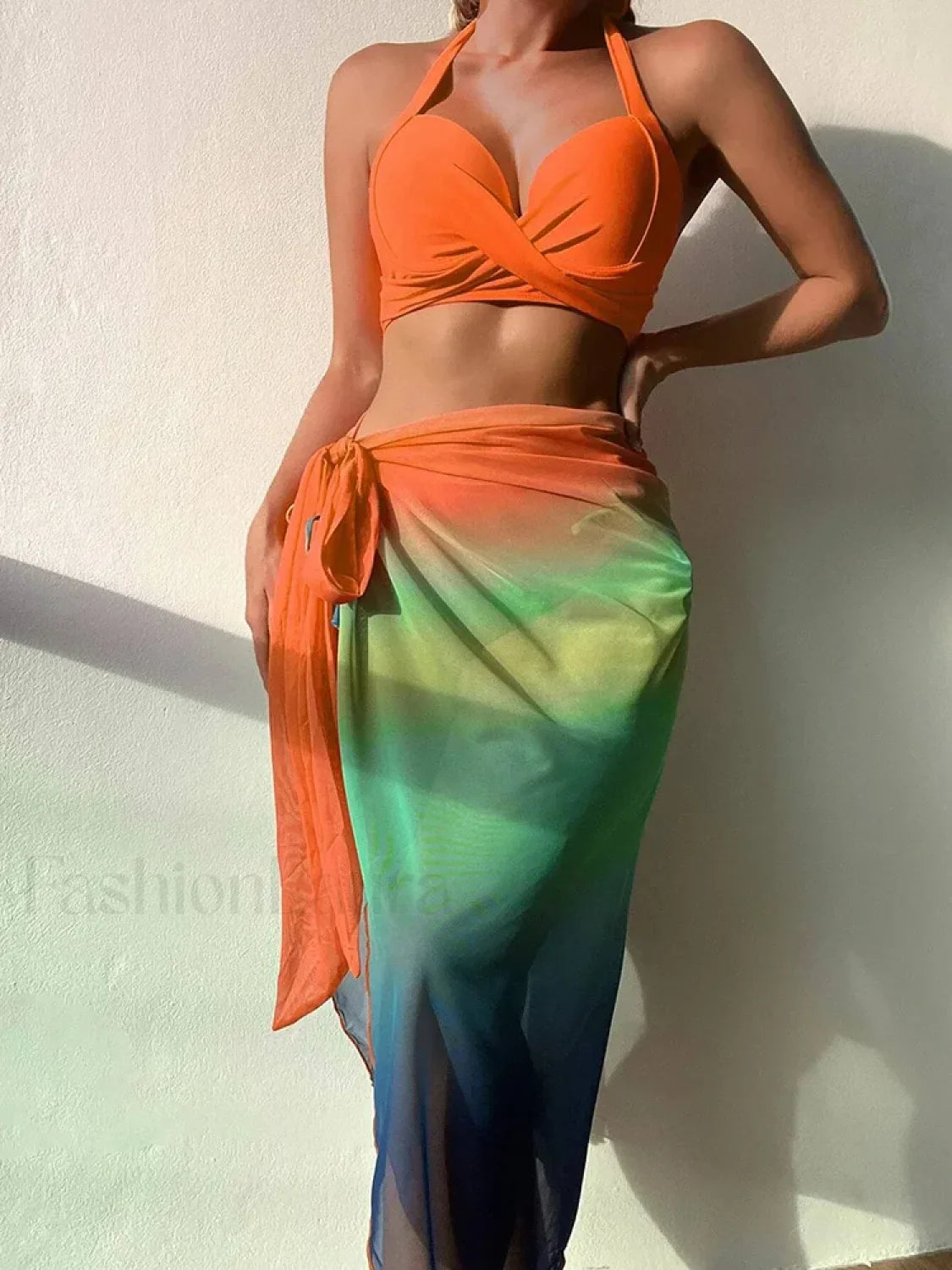 Gradient Wrap Skirt Three Piece Set Orange / S