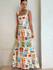 Graffiti Print Sleeveless Long Dress Multicolor / XS Floral Dresses