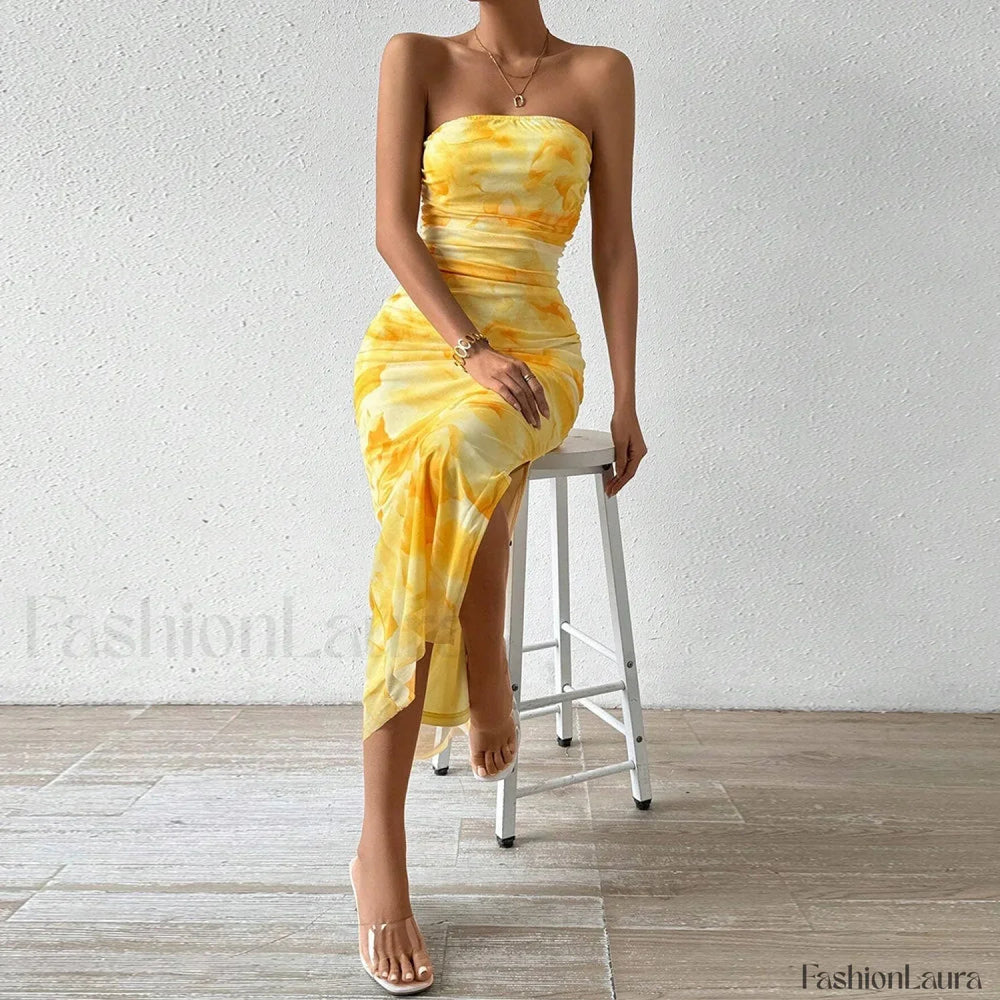 Graphic Off Shoulder Midi Dress Yellow / S