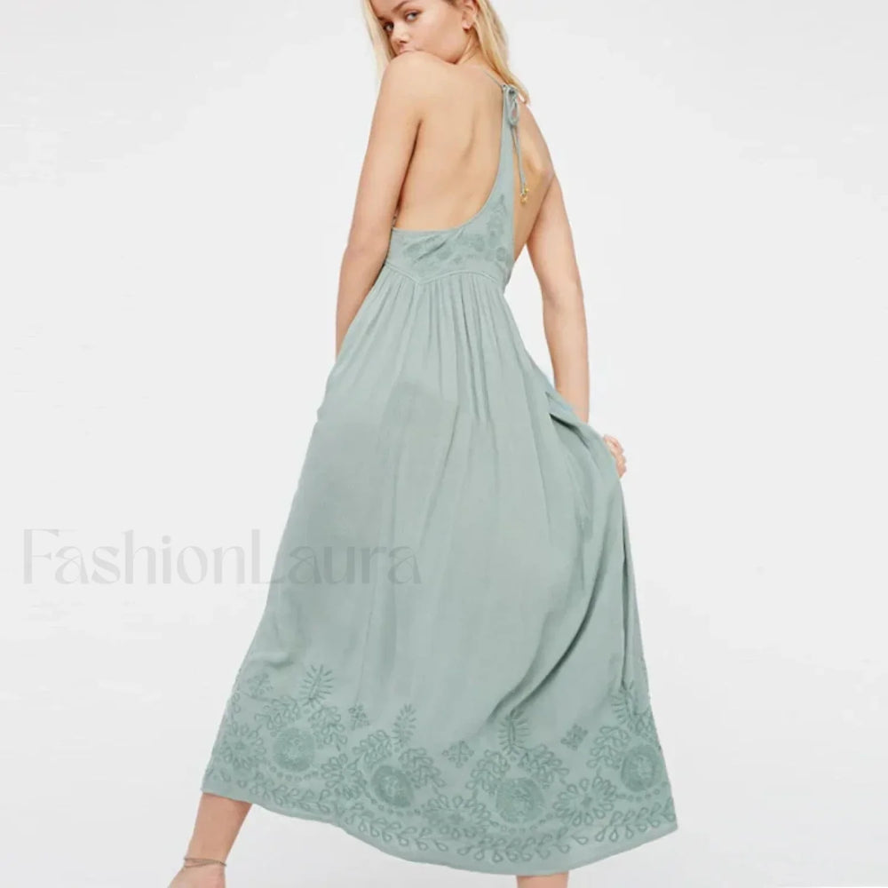 Green Cotton Embroidery Boho Dress