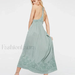 Green Cotton Embroidery Boho Dress