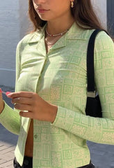 Green Lapel Print Button Blouse Green / S Shirts