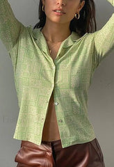 Green Lapel Print Button Blouse Shirts