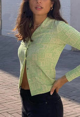 Green Lapel Print Button Blouse Shirts
