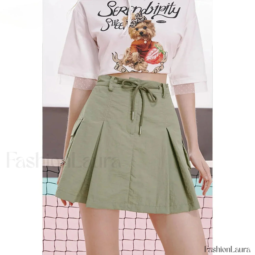 Green Pleated Sporty A Line Skirt Green / S
