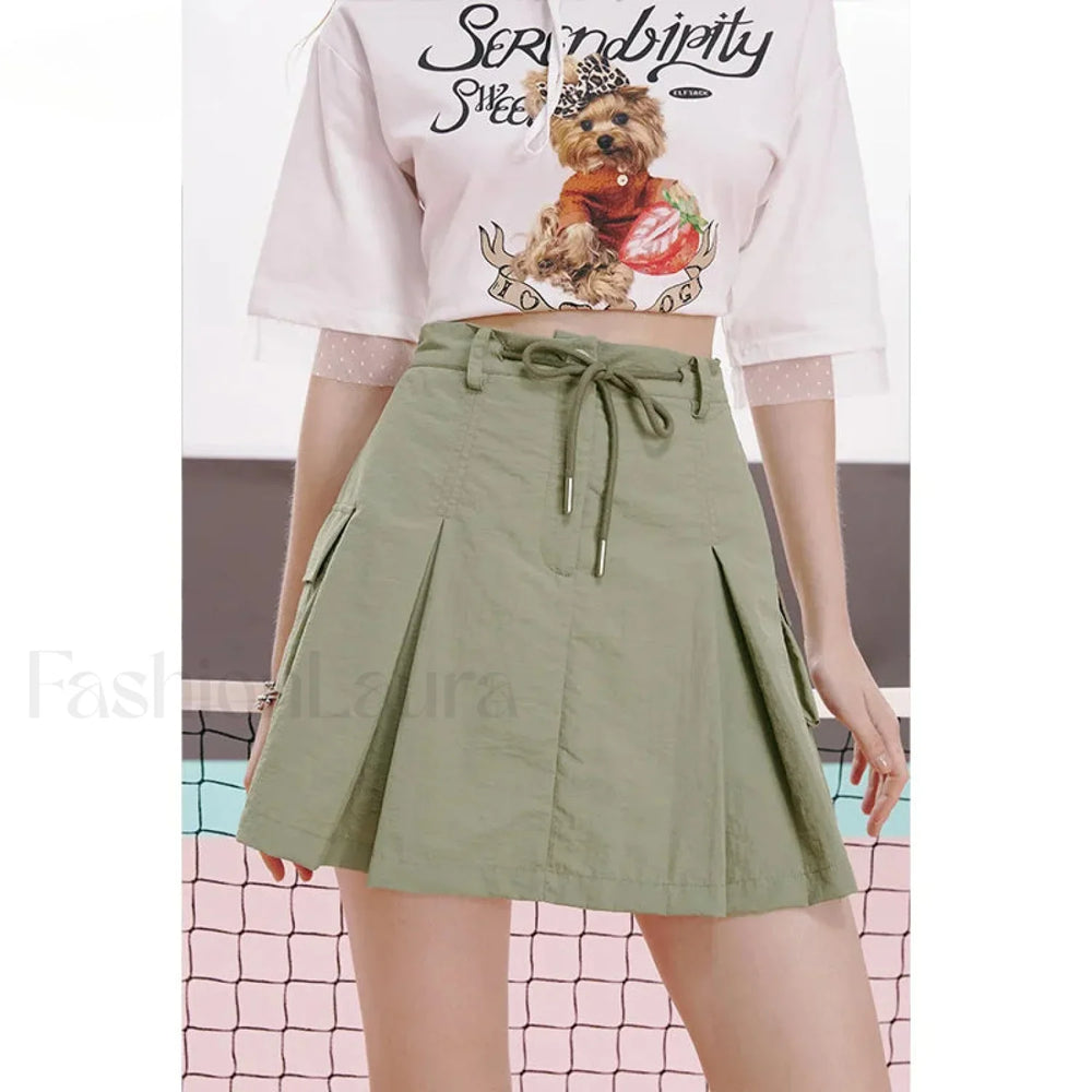 Green Pleated Sporty A Line Skirt Green / S