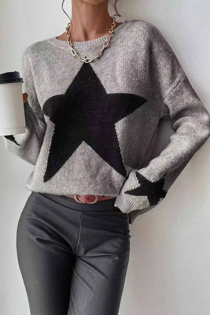 Crew Neck Star Long Sleeve Knitted Sweater