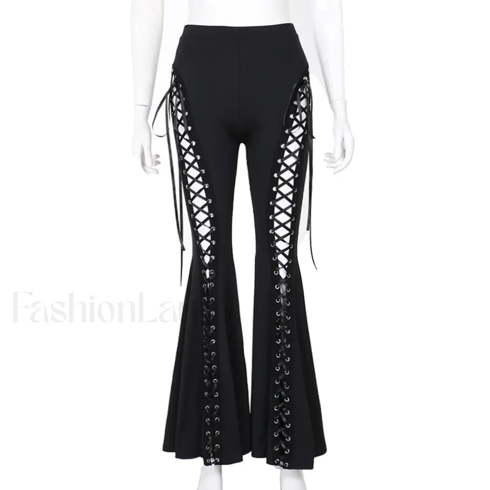 Grunge Streetwear Black Bandage Pants with Hollow Flare Design Black / S