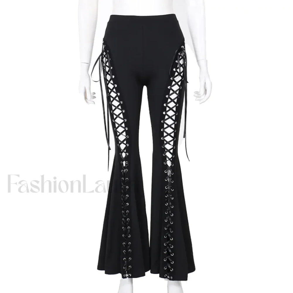 Grunge Streetwear Black Bandage Pants with Hollow Flare Design Black / S