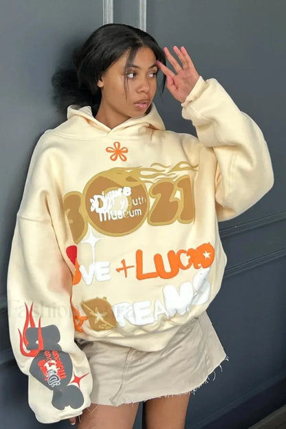 Grunge Streetwear Oversized Hoodie Beige / S