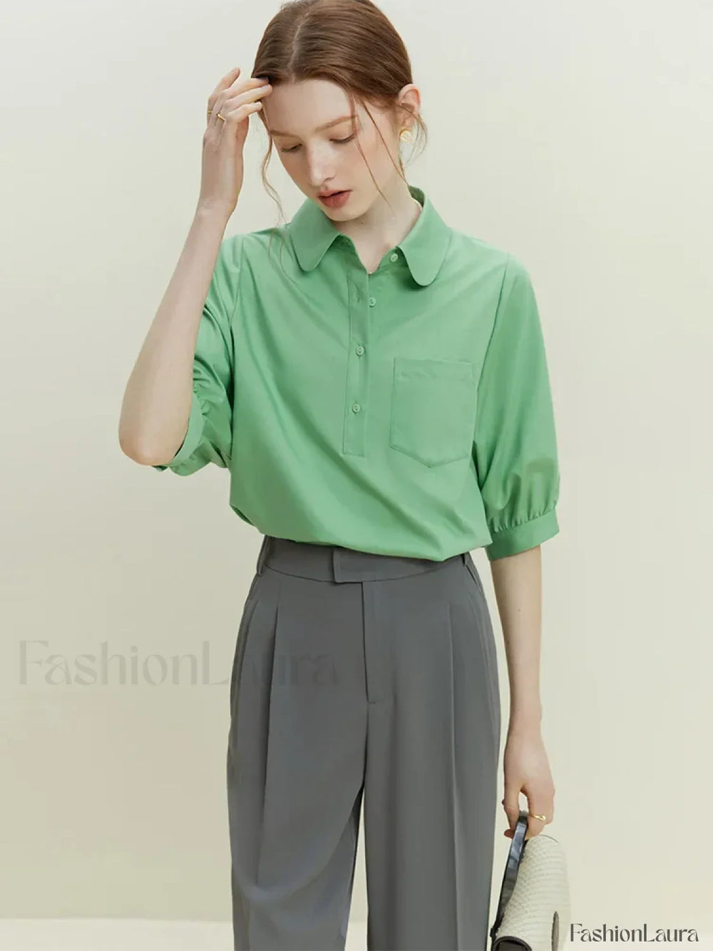 Half Sleeve Polo Neck Pocket Blouse Light Green / S