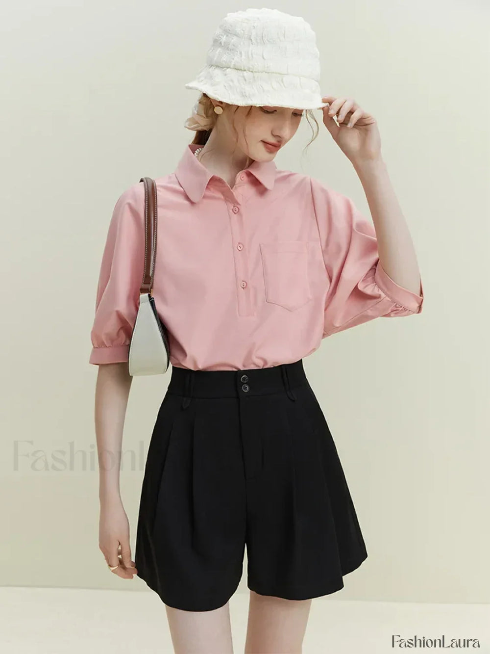 Half Sleeve Polo Neck Pocket Blouse Pink / S