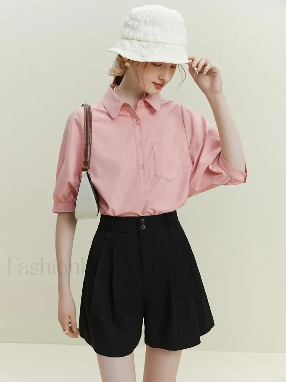 Half Sleeve Polo Neck Pocket Blouse Pink / S