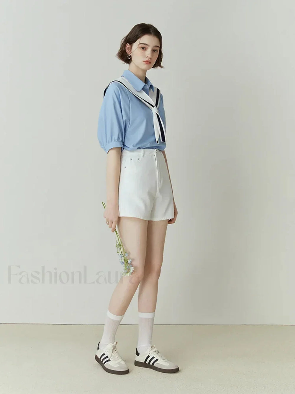 Half Sleeve Polo Neck Pocket Blouse SKY BLUE / S