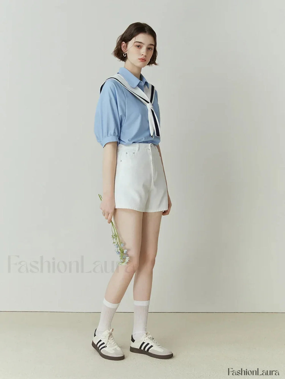 Half Sleeve Polo Neck Pocket Blouse SKY BLUE / S