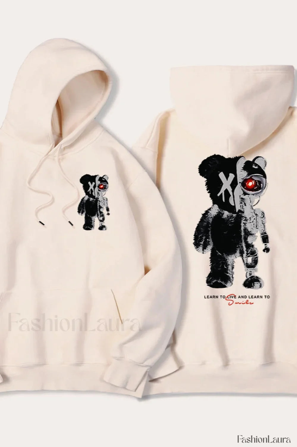 Half Teddy Bear Half Robotic Bear Hoodie Beige / S