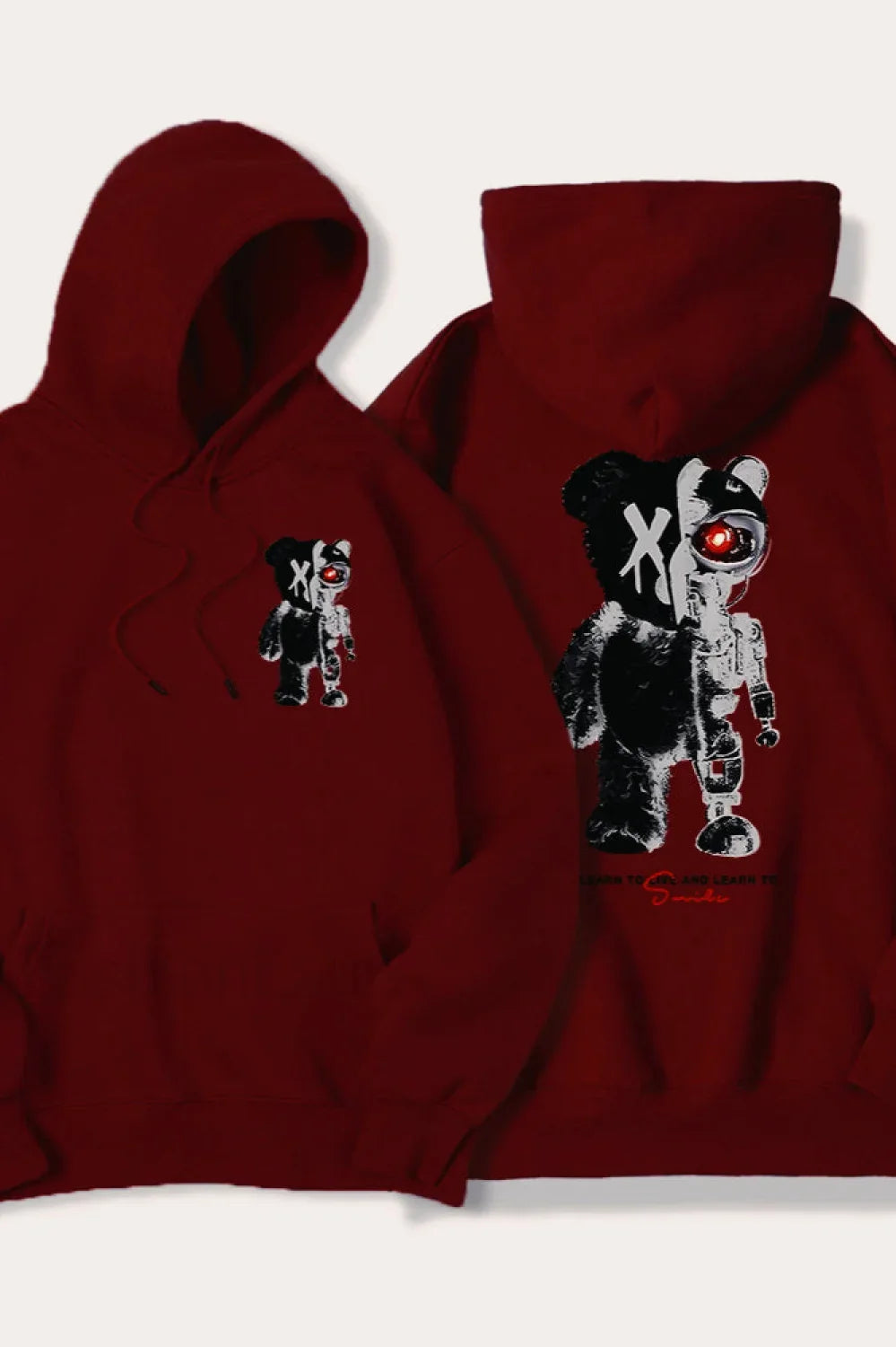 Half Teddy Bear Half Robotic Bear Hoodie Wine Red / S