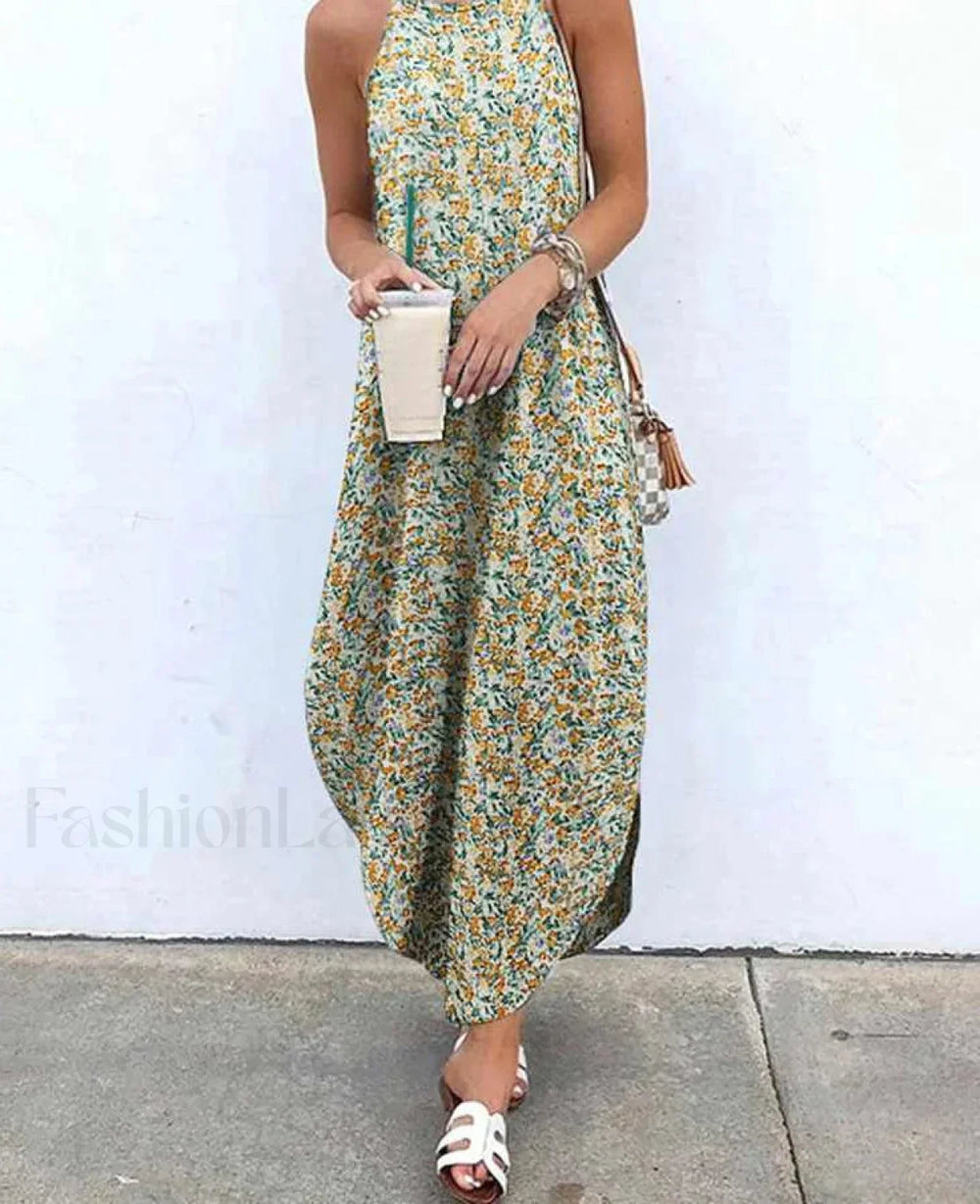 Halter Asymmetrical Boho Dress Yellow / XL