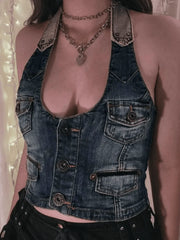 Halter Denim Corset Top Tops&Tees