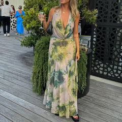 Halter High Waist Floral Dress 01 Green / S