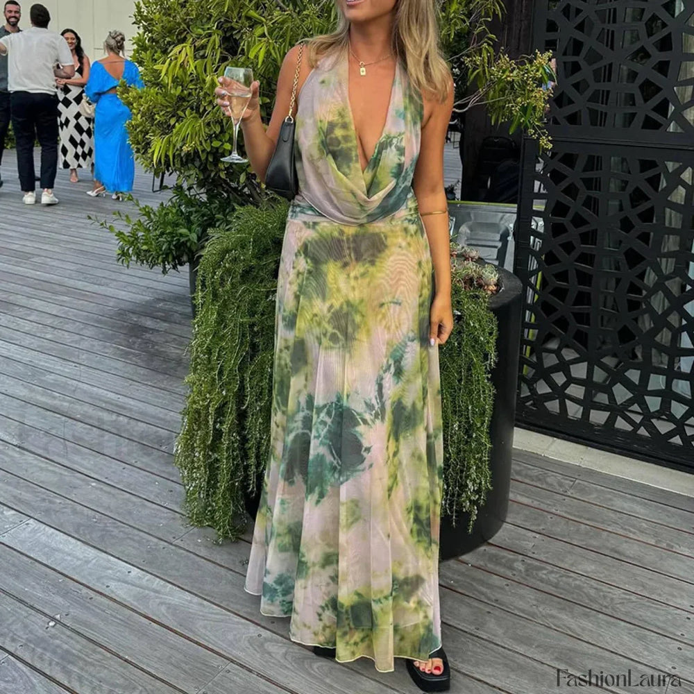 Halter High Waist Floral Dress 01 Green / S