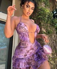 Halter Lace Up Mini Floral Dress