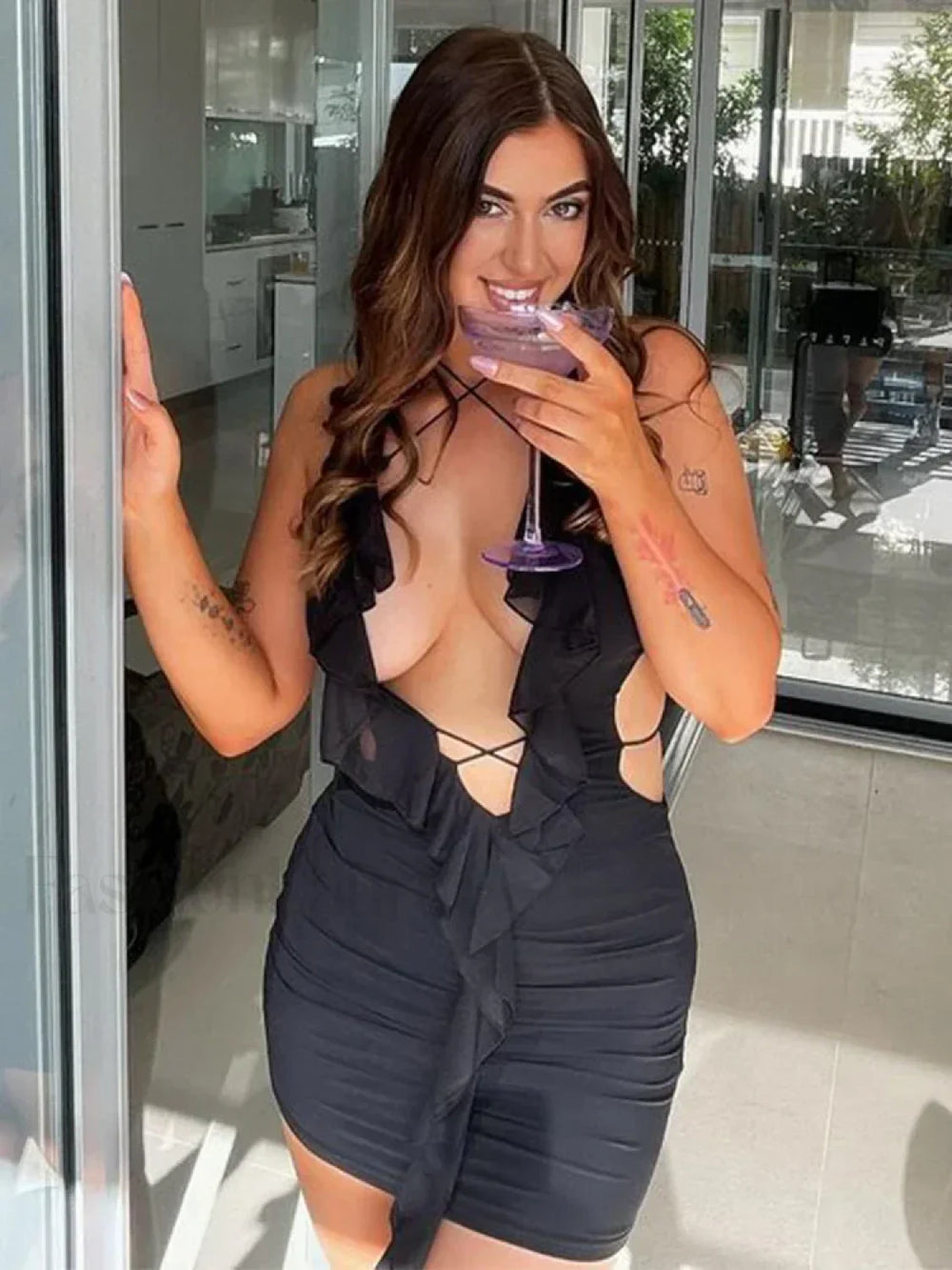 Halter Pleated Stretch Mini Dress Black / S