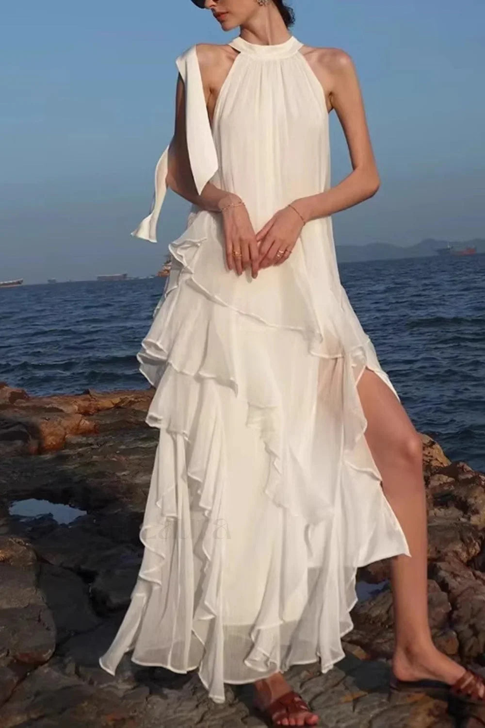 Halter Ruffled Vacation Maxi Dress White / S