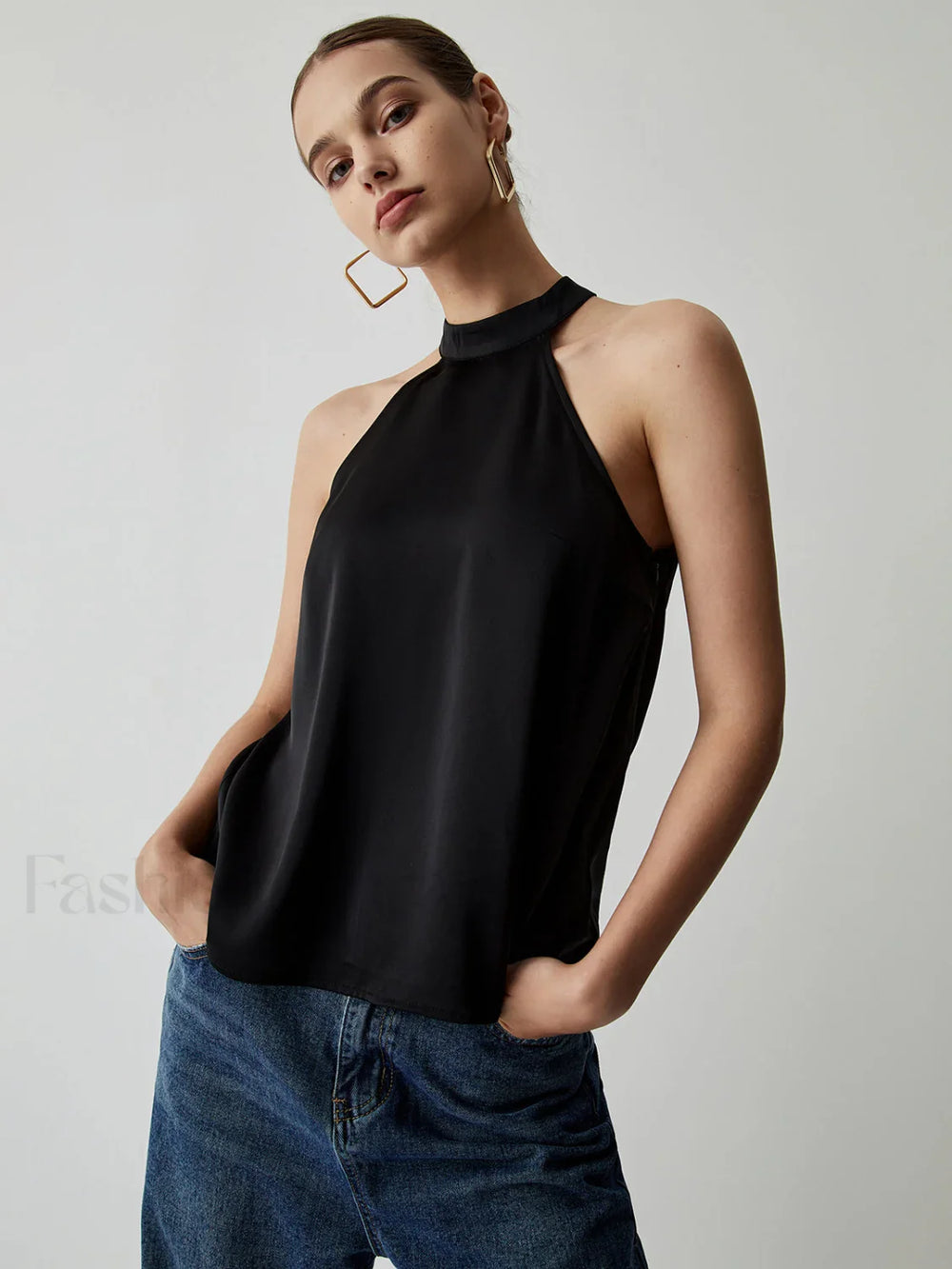 Halter Satin Graceful Tank Top Black / XS Tank Tops & Camis