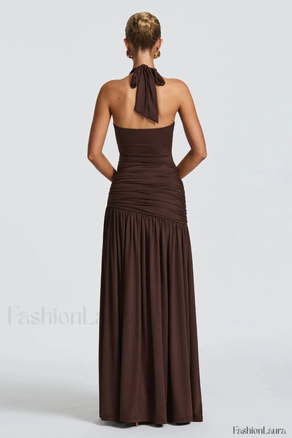 Halter Tie Backless Ruched Maxi Dress