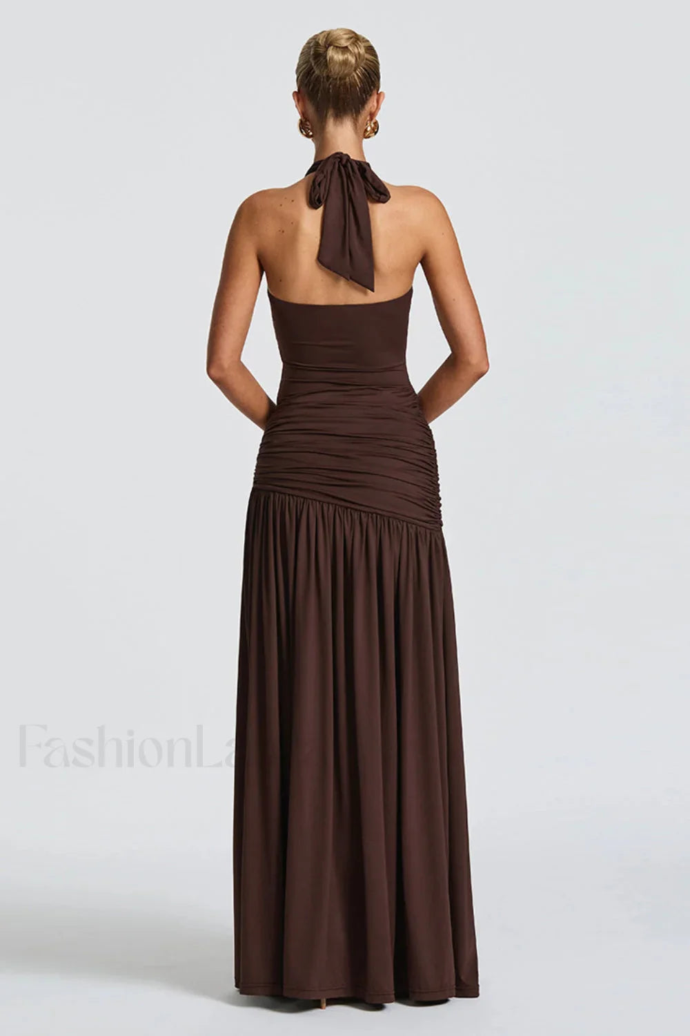 Halter Tie Backless Ruched Maxi Dress