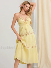 Halter Tie Up Embroidered Boho Dress beige / S