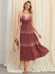 Halter Tie Up Embroidered Boho Dress wine / S