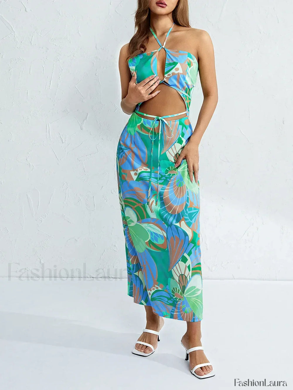 Halterneck Floral Slit Maxi Dress