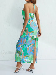 Halterneck Floral Slit Maxi Dress