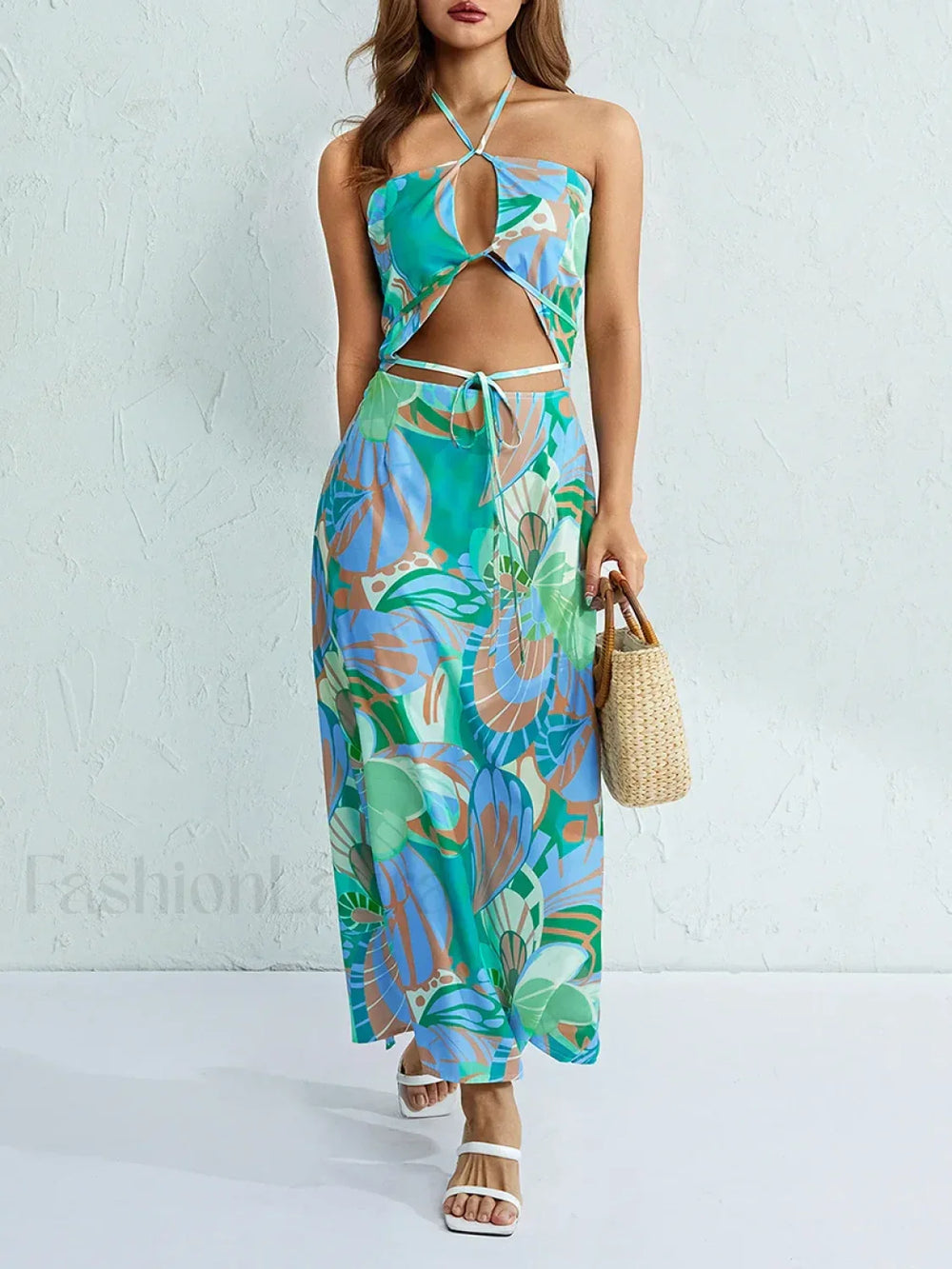 Halterneck Floral Slit Maxi Dress Green / S