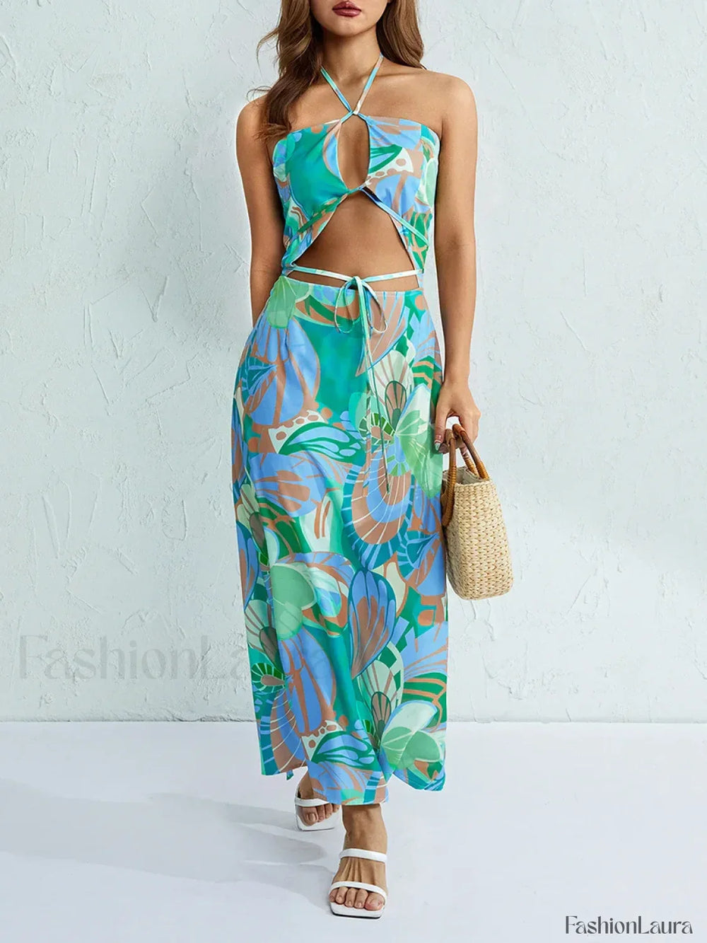 Halterneck Floral Slit Maxi Dress Green / S