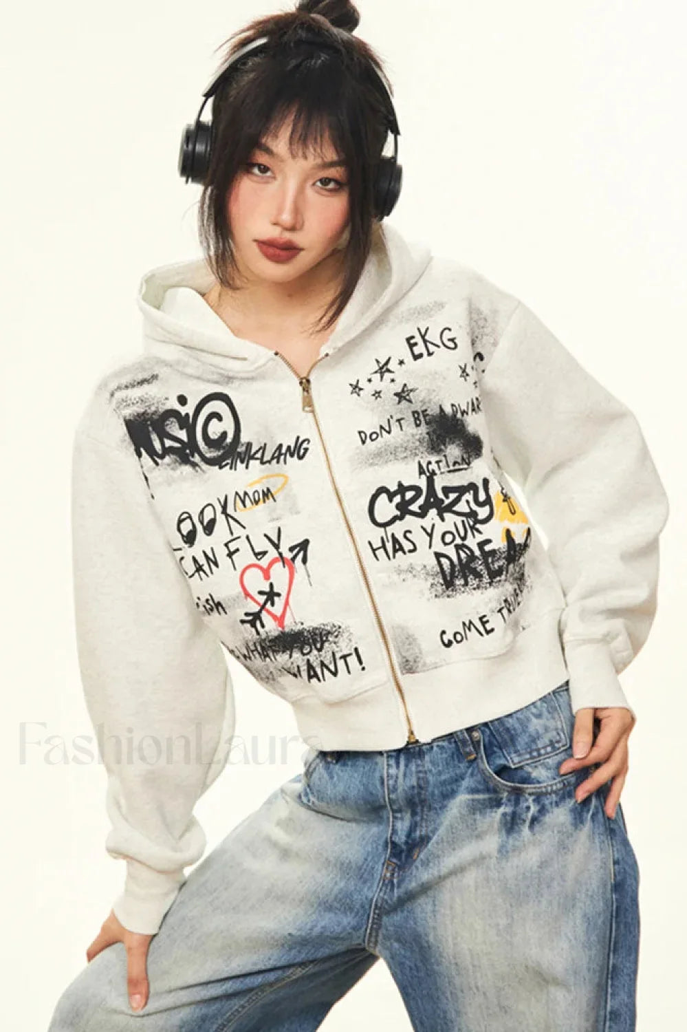 Harajuku Vintage Cropped Print Hooded Hoodie