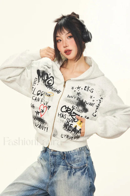 Harajuku Vintage Cropped Print Hooded Hoodie