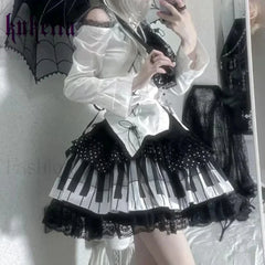 Harajuku Y2K Piano Key Dot Lace Gothic Lolita Fairy Skirt waist 60 80cm