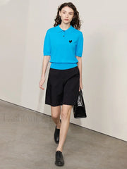 Heart Embroidery Polo T Shirt Lake Water Blue / S