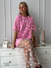 Heart Mesh Patchwork Cotton T Shirt