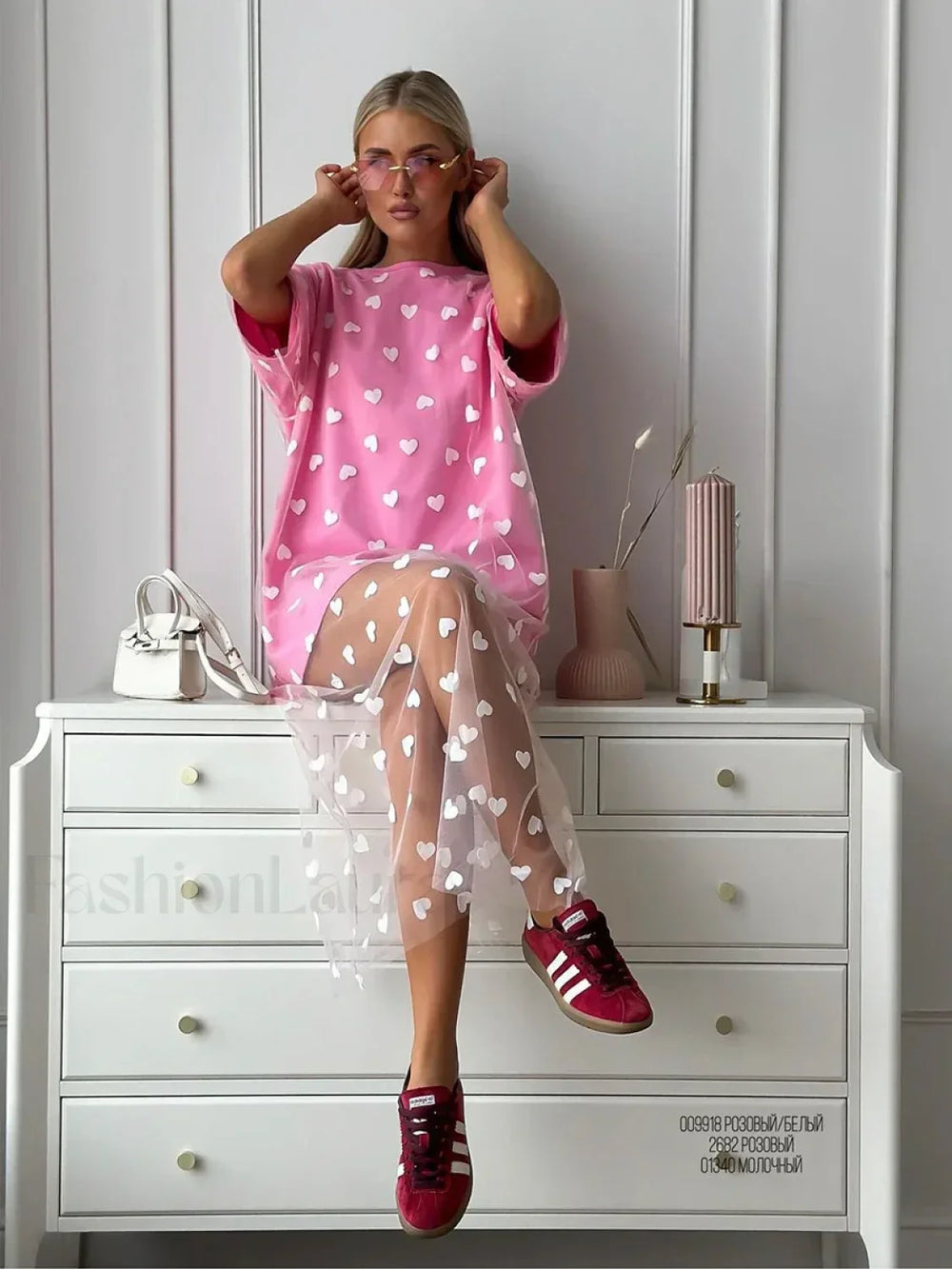 Heart Mesh Patchwork Cotton T Shirt pink dress / M