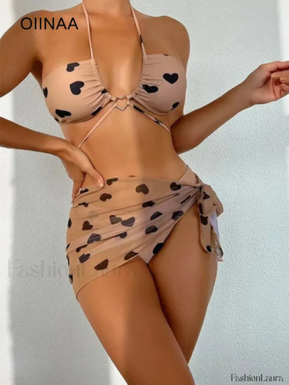 Heart Print Backless Three Piece Set Coffee / S