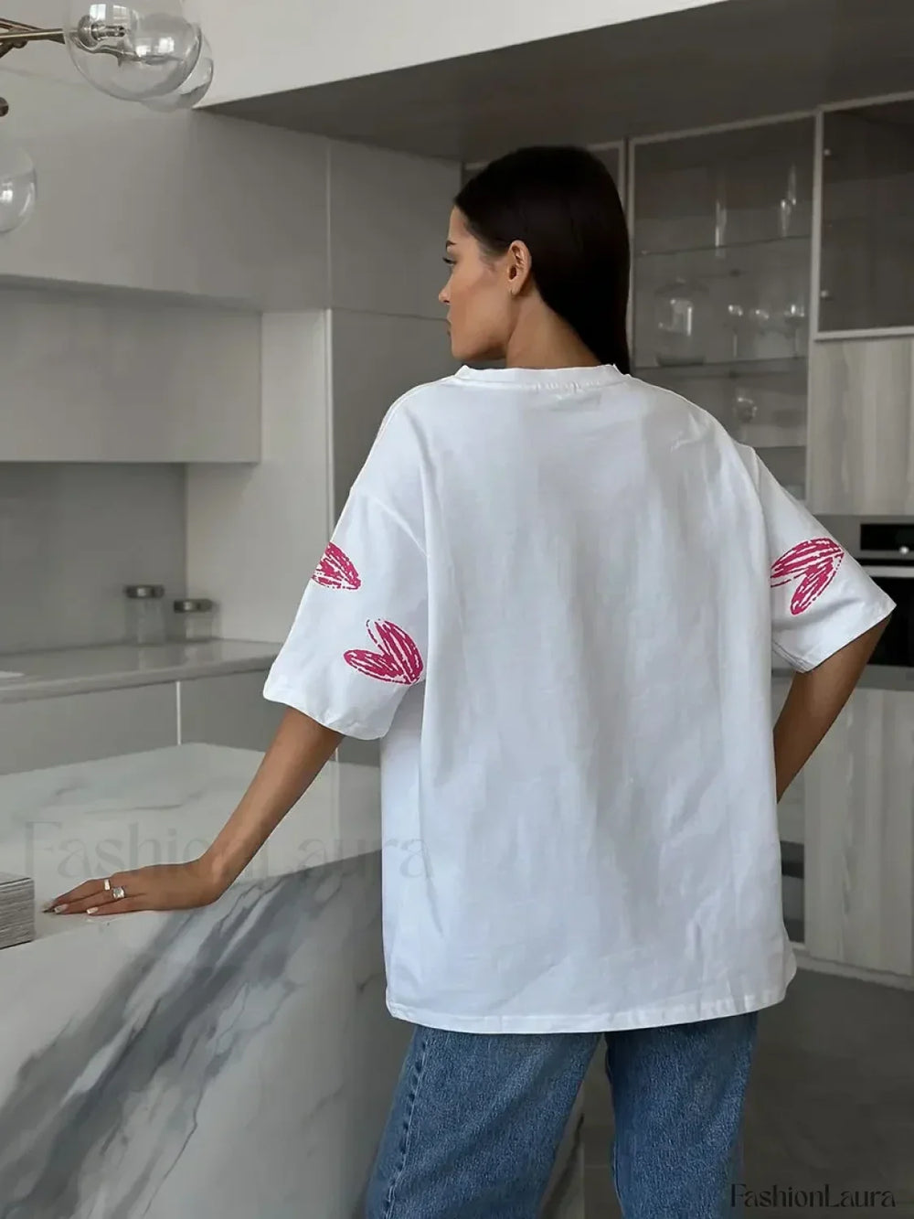 Heart Print Casual O neck Cotton T Shirt