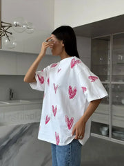 Heart Print Casual O neck Cotton T Shirt