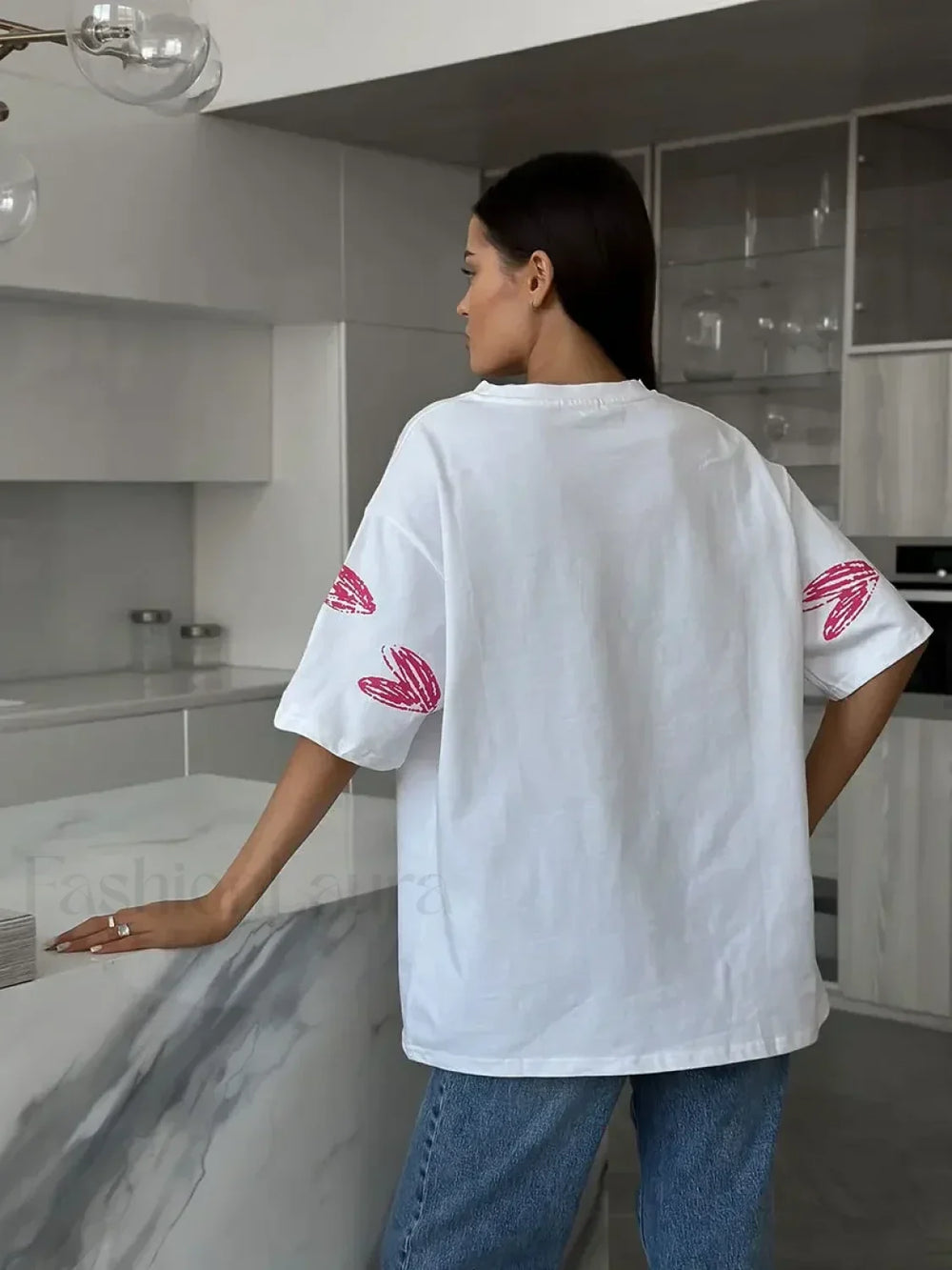 Heart Print Casual O neck Cotton T Shirt