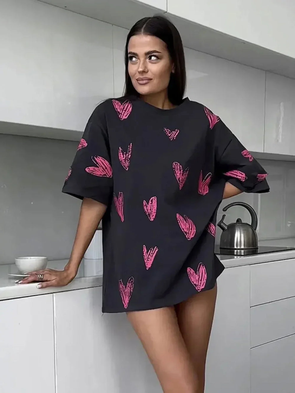 Heart Print Casual O neck Cotton T Shirt Black / S